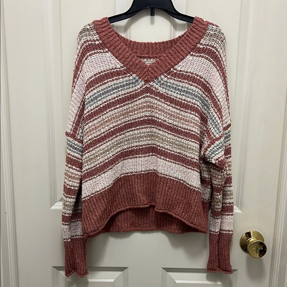 Striped V-Neck Sweater - Pink and White